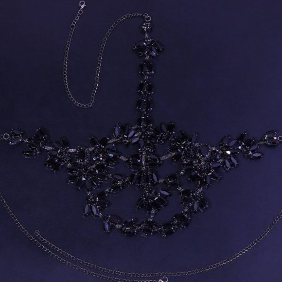 Black Crystal Face Mask Halloween Women Masquerade Rhinestone Face Jewelry - Picture 5 of 6